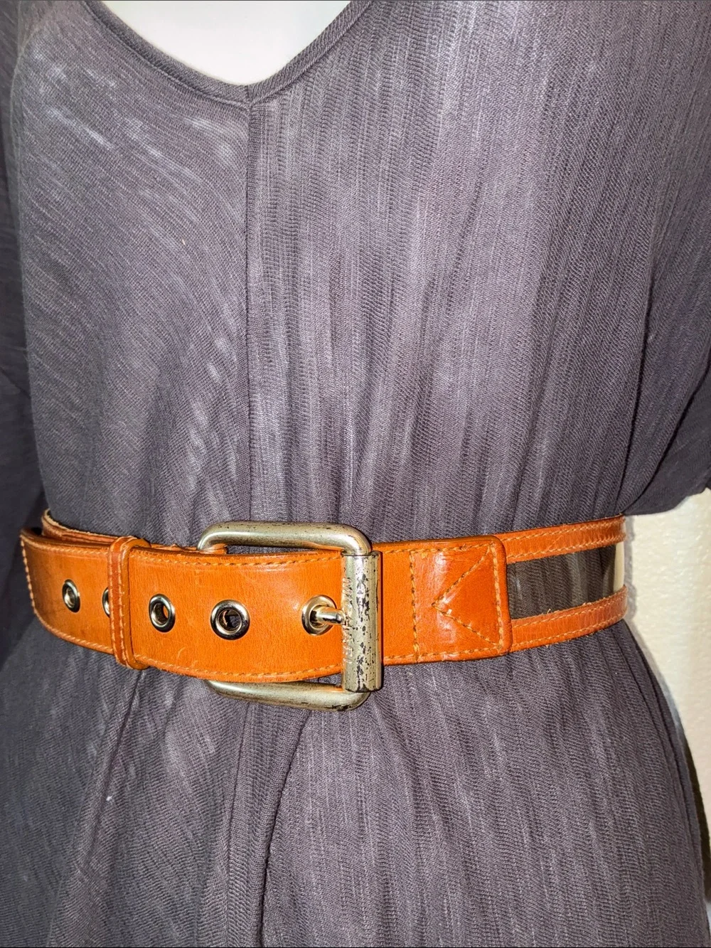 Michael Kors Leather Belt Women's L, rust brown with acrylic strip, monogram GUC